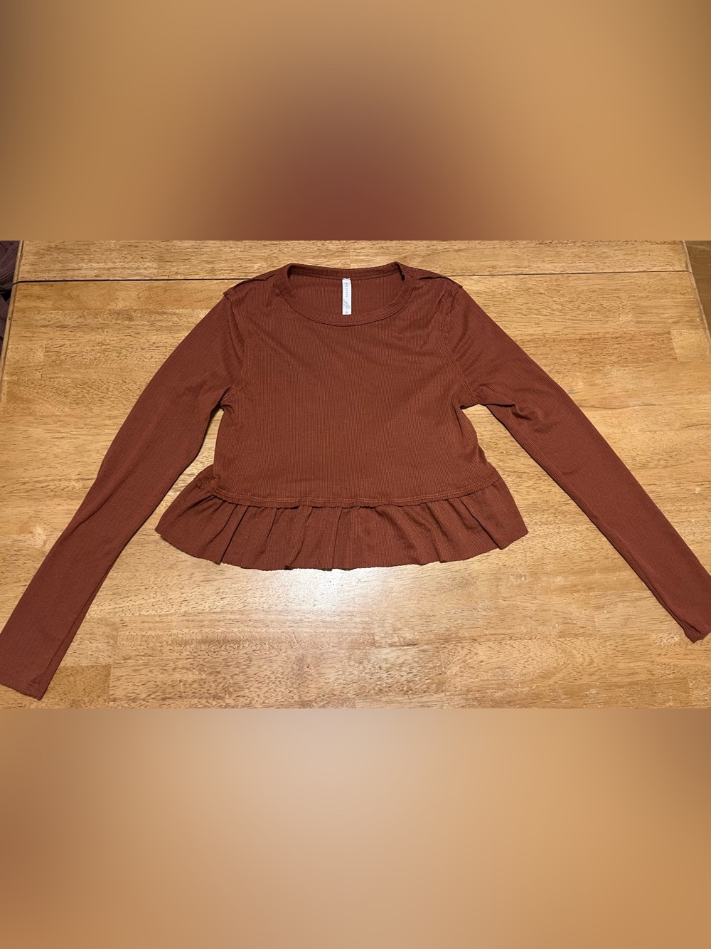 Altar’d State Rust Ribbed Ruffle Hem Long Sleeve Top XS - Picture 3 of 9